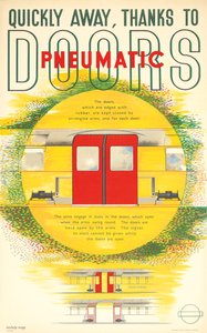 "Rapidamente ausente, graças às portas pneumáticas", um cartaz da London Transport, 1937