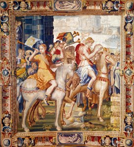 Herautas a cavalgar. Cortina da História de Artemise. Tapeçaria em lã e seda feita por Laurent Guyot (1756-1806) e Henri Lerambert (cerca de 1540/1550-1608) nas oficinas do faubourg Saint Marcel (1601-vers1670). Paris do século XVII, mobiliário nacional