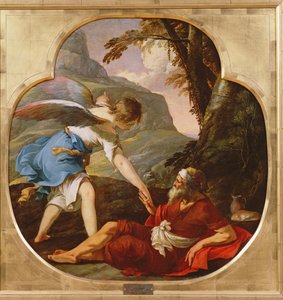 Elijah resgatado por um anjo, c.1630 (óleo em cobre) de Laurent de la Hyre