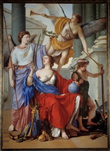 Alegoria da Regência de Ana da Áustria (1601-1666) O regente está rodeado por uma alegoria de Renome e Paz. O contexto é o da Guerra dos Trinta Anos, a França recebeu a Paz da Vitória, alegoria do Tratado de Vestefália em 1648. Pintura por