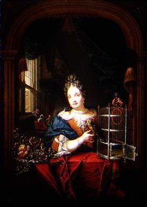 Retrato de uma mulher segurando um papagaio (painel) de Laureys Goubau