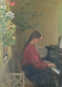 Yvonne a Filha da Artista Tocando Piano, c.1905 (óleo sobre tela) de Laurits Regner Tuxen