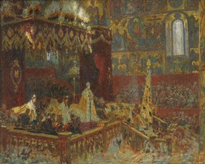 A cerimônia de coroação do czar Nicolai II em Moscou. Retrato falado de Laurits Regner Tuxen