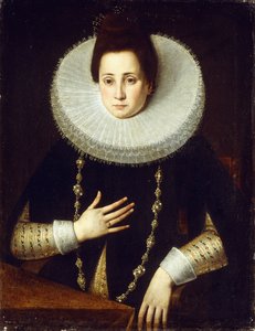 Retrato de uma senhora, sentada a meio comprimento, vestindo um traje preto com babados brancos de Lavinia Fontana