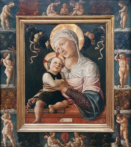 Alemão: Maria com o Menino, em moldura pintada com querubins Madona e Menino