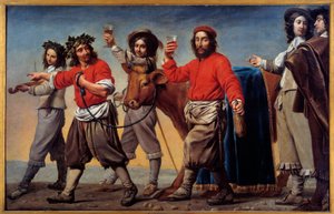 Procissão de carne gorda também diz que o festival do vinho. Pintura do Mestre Du Cortege Du Belier
