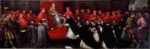 Honório III, o Papa Cencio Savelli de 1216 a 1227, aprovou em 1216 a regra de São Domingos para fundar a Ordem dos Irmãos Pregadores conhecidos hoje como dominicanos. Pintura de Leandro Da Ponte dit Leandro Bassano (1557-1622)