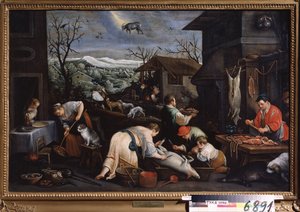 "O mês de Dezembro" (Dezembro) Os porcos são abatidos. Símbolo do signo de Capricórnio no céu. Pintura de Leandro Bassano da Ponte (1557-1622) 1595-1600 Museu Estatal de Arte Tula Rússia