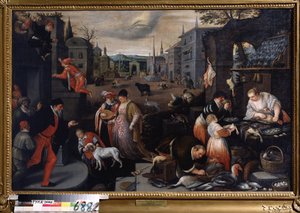 ""Le mois de fevrier"" (Fevereiro) Cena de passeio na época do Carnaval. Símbolo do signo de Peixes no céu. Pintura de Leandro Bassano da Ponte (1557-1622) 1595-1600 Dim. 144x190 cm Museu Estatal de Arte Tula Rússia de Leandro da Ponte Bassano