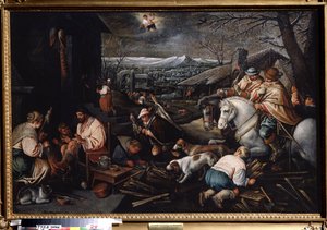 "" O mês de janeiro"" (janeiro) Caçadoras, mulheres fiando lã. Símbolo de aquário no céu. Pintura de Leandro Bassano da Ponte (1557-1622) Dim. 146 x 192 cm Museu Estatal de Arte Tula Rússia