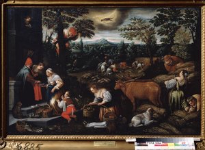 "" O mês de junho "" (junho) O trabalho da fazenda, colheita de cerejas e colheita de trigo. Símbolo do signo de câncer no céu. Pintura de Leandro Bassano da Ponte (1557-1622) 1595-1600 Museu Estatal de Arte Tula Rússia de Leandro da Ponte Bassano
