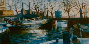 Doca grosvenor, 2001, (oil on paper), bote, amarrado, em, thames, doca de Lee Campbell