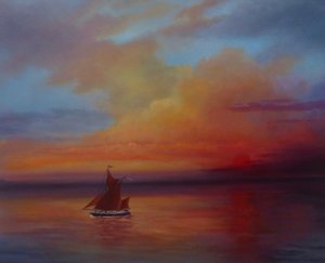 Velas Vermelhas - Barcaça Tamisa à vela cheia, 2022 (óleo sobre tela) de Lee Campbell