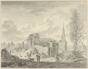 Vista do Rapenburg em Leiden após o desastre da pólvora de 12 de Janeiro de 1807 de Leendert Overbeek