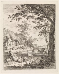 Pastora com ovelhas na frente de uma fazenda Paisagens com figuras (título da série) de Leendert Overbeek