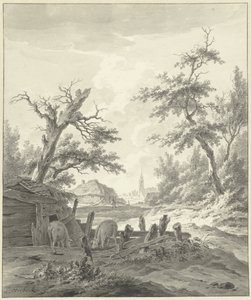 Paisagem com um curral de porcos em primeiro plano de Leendert Overbeek