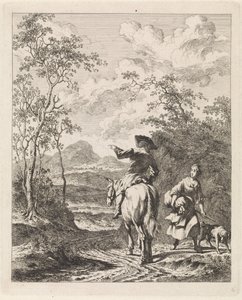 Cavaleiro a pedir instruções a uma rapariga com cão
Paisagens com figuras (título da série) de Leendert Overbeek