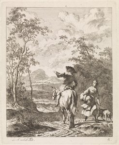Cavaleiro a pedir instruções a uma rapariga com cão
Paisagens com figuras (título da série) de Leendert Overbeek