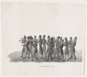 Músicos no desfile dos estudantes de Leiden, 1835
Salve Musa! (título sobre o objecto)
As actuações separadas, que concluíram o desfile, realizado por H.H. Students of the Leiden University em 9 de Fevereiro: 1835 (título da série sobre o objecto) de Leendert Springer (I)