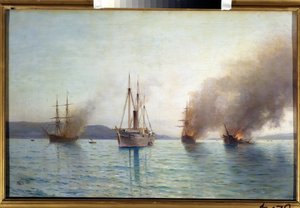 O Grande Duque Konstantin russo do Torpedo Tender Tender, destruindo os navios turcos em Bósforo Em 1877. Batalha naval da guerra entre a Rússia e a Turquia