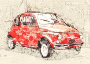 Esboço de um carro clássico vermelho de Lembayung senja studio [Vintage Poster]