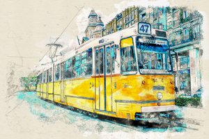 Aquarela de um elétrico urbano de Lembayung senja studio [Vintage Poster]