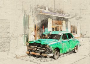 Esboço de um carro verde vintage de Lembayung senja studio [Vintage Poster]
