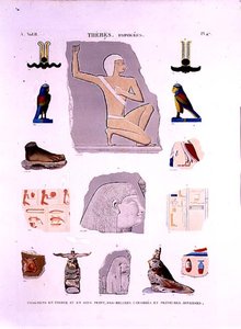 Ilustrações de relevos pintados em pedra e fragmentos de madeira Hypogees, placa 47 de Tebas do Vol II de "Descrições do Egito", gravadas por LeRoy de Lenoir (after)