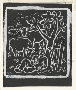 Agricultor a descansar debaixo de uma árvore num prado com vacas de Leo Gestel (signed by artist)