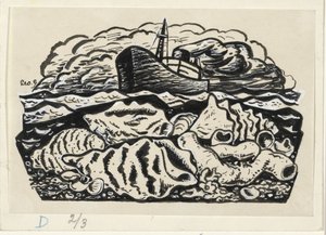 Navio a vapor no mar com conchas na praia de Leo Gestel (signed by artist)