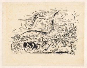 Dois pássaros voam sobre uma paisagem com gado de Leo Gestel (signed by artist)