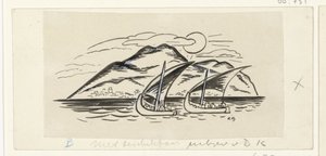 Dois veleiros em frente de uma ilha com montanhas de Leo Gestel (signed by artist)