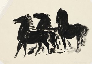 Três cavalos pretos de pé virados para a esquerda de Leo Gestel