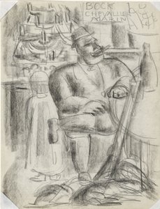 Caçador sentado à mesa de café, com giz preto Sem título de Leo Gestel