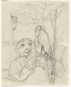 Caricatura de Leo Gestel em seu leito de enfermo de Leo Gestel