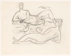 Homem e mulher nus na costa, cercados por gaivotas de Leo Gestel