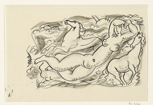 Mulher nua e dois cavalos no mar de Leo Gestel