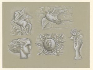 Pegasus, pomba, cabeça de mulher, brasão e mão com rosa de Leo Gestel