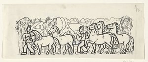 Dois fazendeiros conduzem seus cavalos por uma vila de Leo Gestel