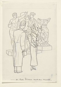 Mulher e homem na frente de três estátuas de Leo Gestel