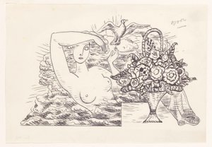 Fêmeas nuas em ondas libertando um pássaro, em primeiro plano um cesto de flores de Leo Gestel