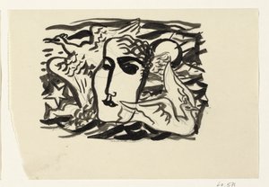 Cabeça de mulher e gaivotas com o mar ao fundo de Leo Gestel