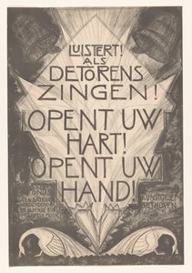 Cartaz para artistas e músicos angustiados ouve! Quando as torres cantam! Abra seu coração! Abra sua mão! (título no objeto) de Leo Visser