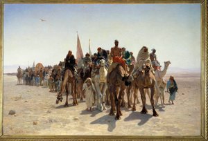 Pelerins indo para Meca Carvane de viajantes em camelos no deserto. Pintura de Leon Auguste Adolphe Belly (1827-1877) 1861 Sol. 1,6x2,4 m Paris, musee d