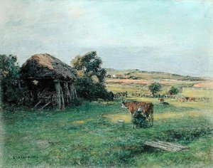 Paisagem com uma mulher camponesa ordenhando uma vaca, meados da década de 1880 (óleo sobre tela) de Leon Augustin Lhermitte