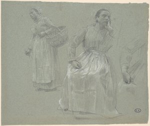 Estudo de duas mulheres, uma sentada e outra segurando uma cesta de Leon Augustin Lhermitte