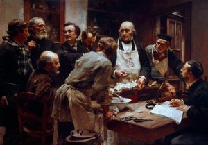 O curso de dissecação do doutor Claude Bernard (1813-1878) (com o avental) na presença de seus alunos Paul Bert (1833-1886) e Arsonval