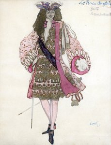 Desenho de figurino para o ballet Bela Adormecida de P. Tchaikovsky - Bakst, Leon (1866-1924) - 1921 - Aquarela, Gouache em Papel - 28x21 - Coleção Particular de Leon Bakst