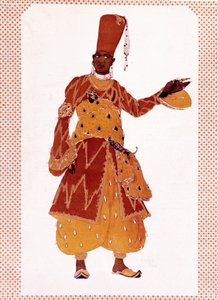 Traje do grande Eunuco de Lev Samoilovich Rosenberg chamado Leon Bakst (1866-1924) para o balé "Sheherazade" (ou Scheherazade) composto por Nikolai Andreyevich Rimsky-Korsakov (Rimsky Korsakov ou Rimskij Korsakov de Leon Bakst