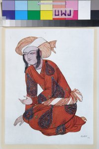 Traje para o ballet Sheherazade de Nicolas (Nikolai) Rimski Korsakov (Rimski-Korsakov) (1844-1908) - Oeuvre de Leon Bakst (1866-1924), lithographie 1922 - (Traje para o ballet Sheherazade de Nikolai Rimski-Korsakov, de Leon Bakst , Cor lírio de Leon Bakst